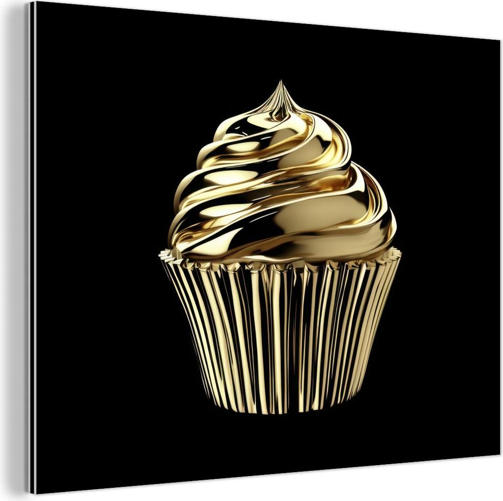 MuchoWow Wanddekoration Metall Metallbild Wandkunst 80x60 cm Cupcake - Lebensmittel - Gold - Schwarz MuchoWow Aluminium Gemälde - Alubild
