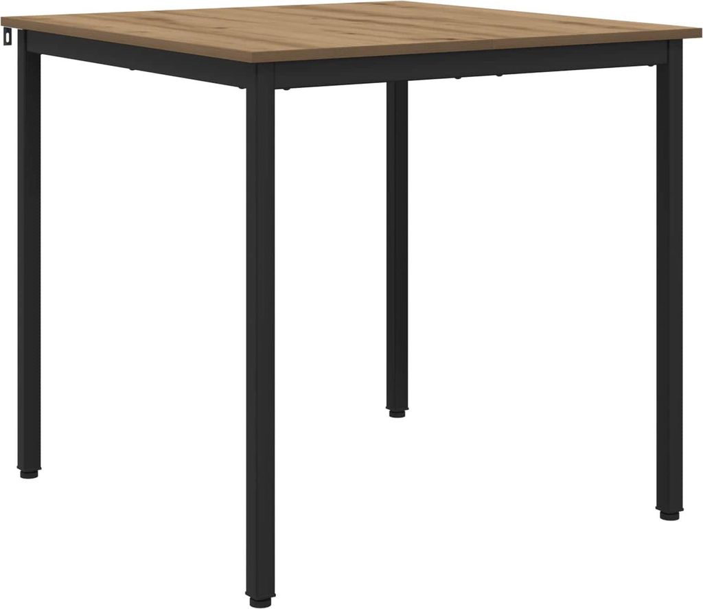 A square table with a wooden top and black metal legs, isolated on a white background.