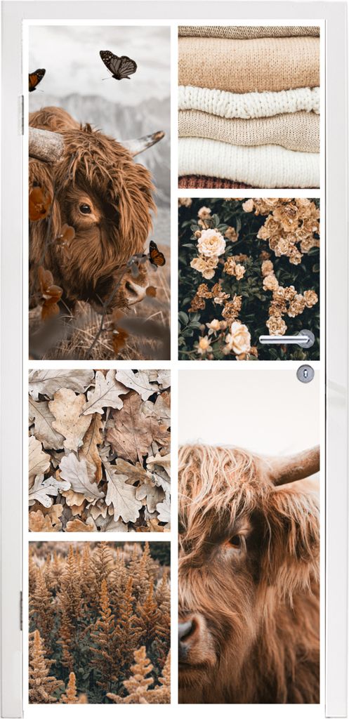 MuchoWow Türtapete Selbstklebende Türfolie Schottischer Highlander - Collage - Blumen 85x205 cm Türposter Türaufkleber Klebefolie Türklebefo...