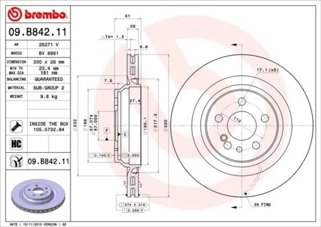 Disque de Frein Ventilé Arrière Brembo 09.B842.11 compatible Classe S