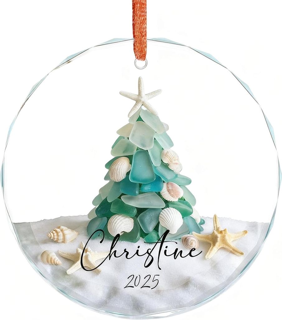 Handgefertigter Weihnachtsbaumschmuck aus Treibglas mit Seestern- und Muscheldekor für Meeresliebhaber – die perfekte Dekoration für Ihre Weihn...