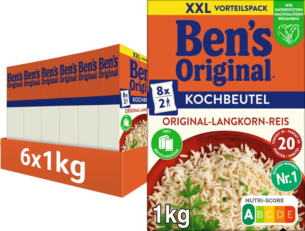 BEN'S ORIGINAL Original-Langkorn-Reis 20-Minuten im Kochbeutel 6x1kg