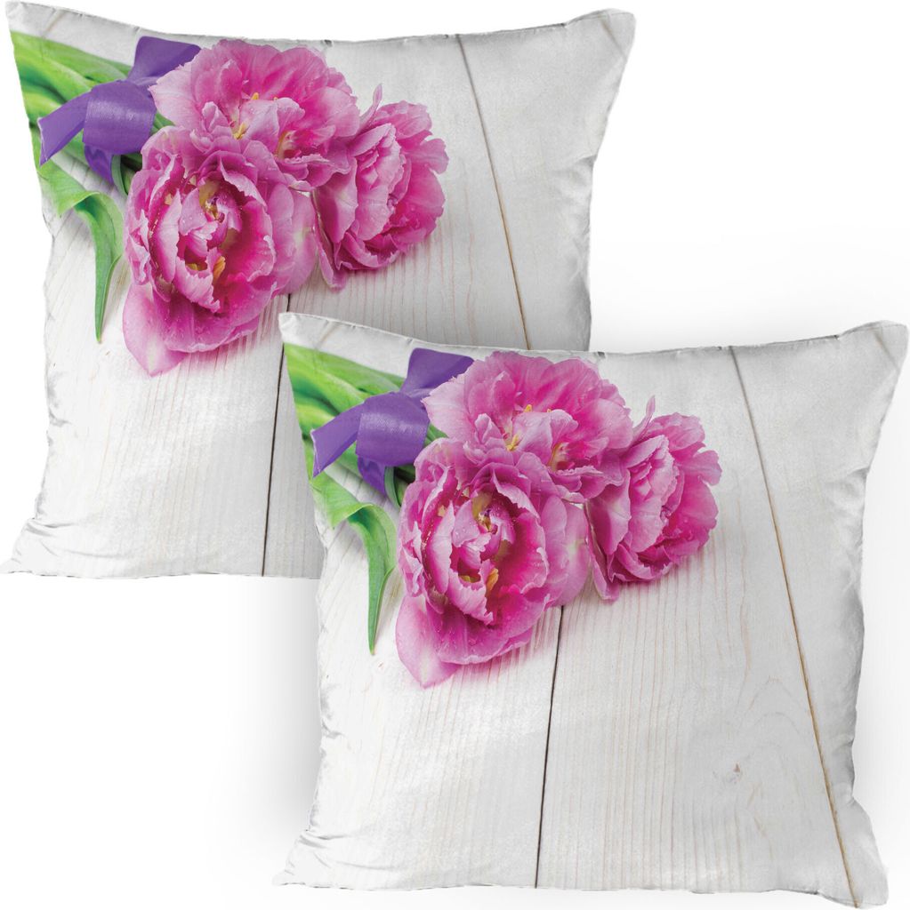 ABAKUHAUS Dunkelpink Kissenbezug Packung mit 2, Blumenstrauß aus Tulpen in einem Band auf einem hölzernen Rahmen Gebunden, Dekorativer Gedruckter...