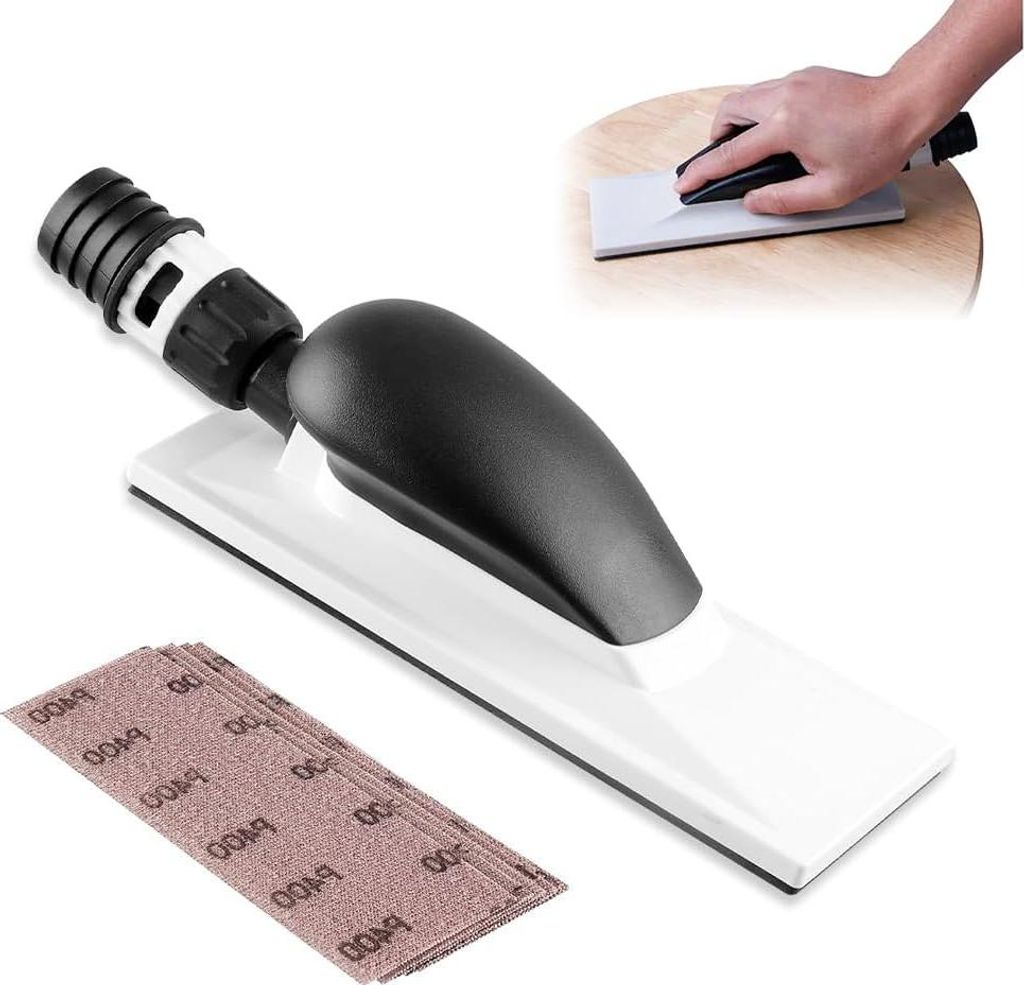 Schleifblock mit Absaugung und 5 Schleifstreifen - 200 x 70 mm - staubfreies Schleifen - Gipsplatten und Holzpolitur - Handschleifmaschine mit 51 L...