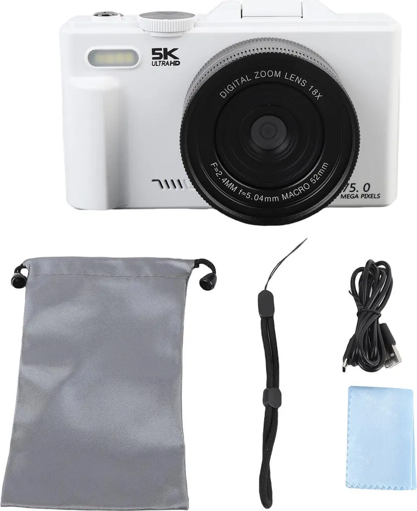 Appareil photo pour voyage 5K HD 75MP écran rabattable et WiFi Blanc