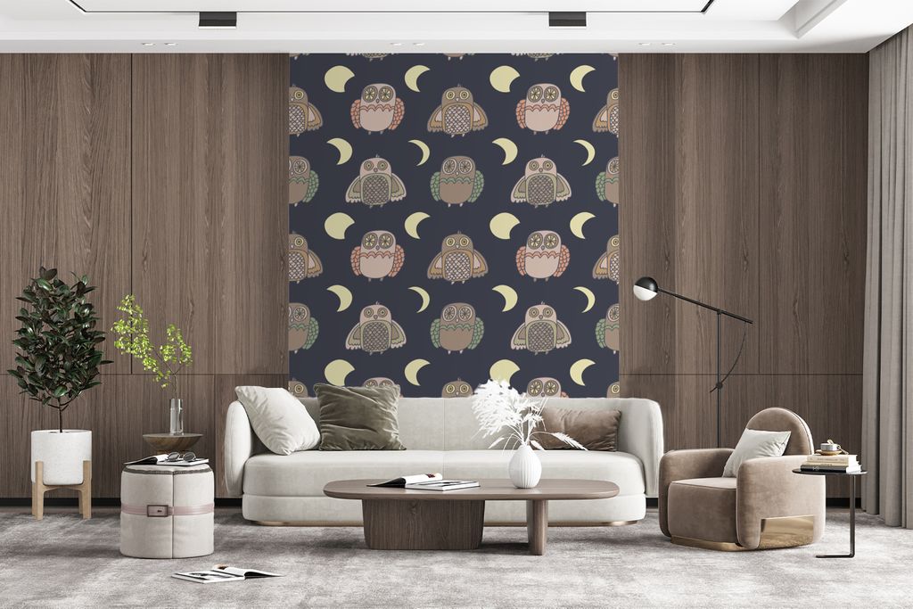 MuchoWow Fototapete für Wohnzimmer oder Schlafzimmer Wandtapete Vinyl Motivtapete Eule - Muster - Mond - 190x260 cm - Papiertapete