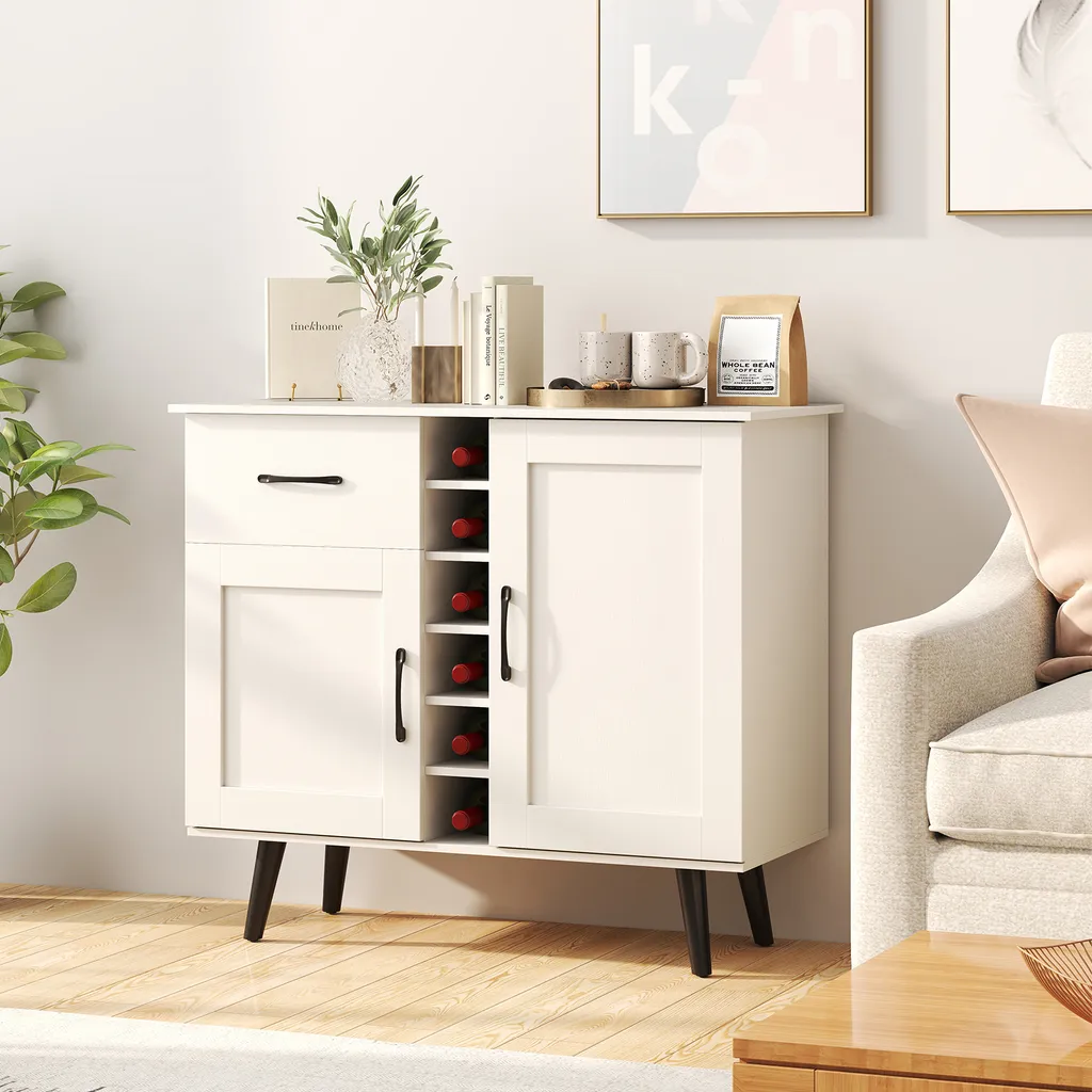 Buffet avec range-bouteilles et tiroir blanc, étagères modulables
