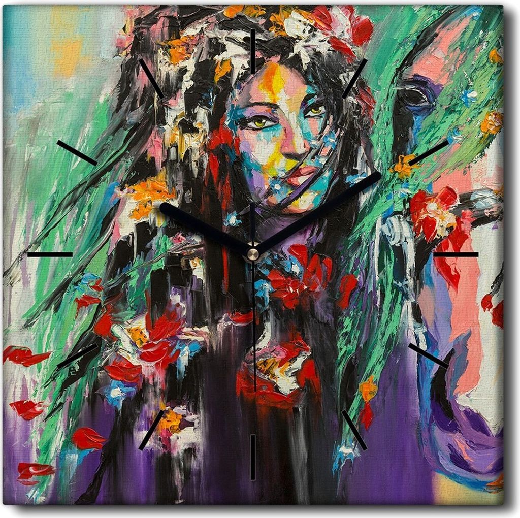 Coloray Uhr auf Leinwand 30x30 cm Wand Uhr Dekoration Wohnzimmer Segeltuch schwarze Hände -Frau mit Blumen