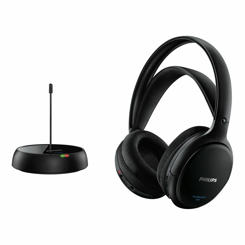 A black wireless headphone set with its charging base.