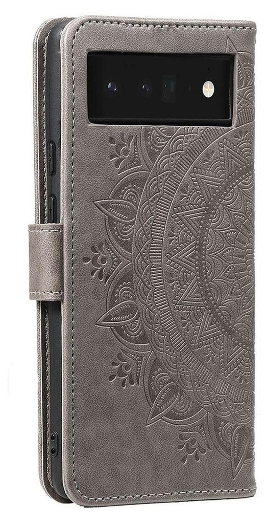 A gray flip case for a Google Pixel 7 phone with a mandala pattern embossed on the cover.