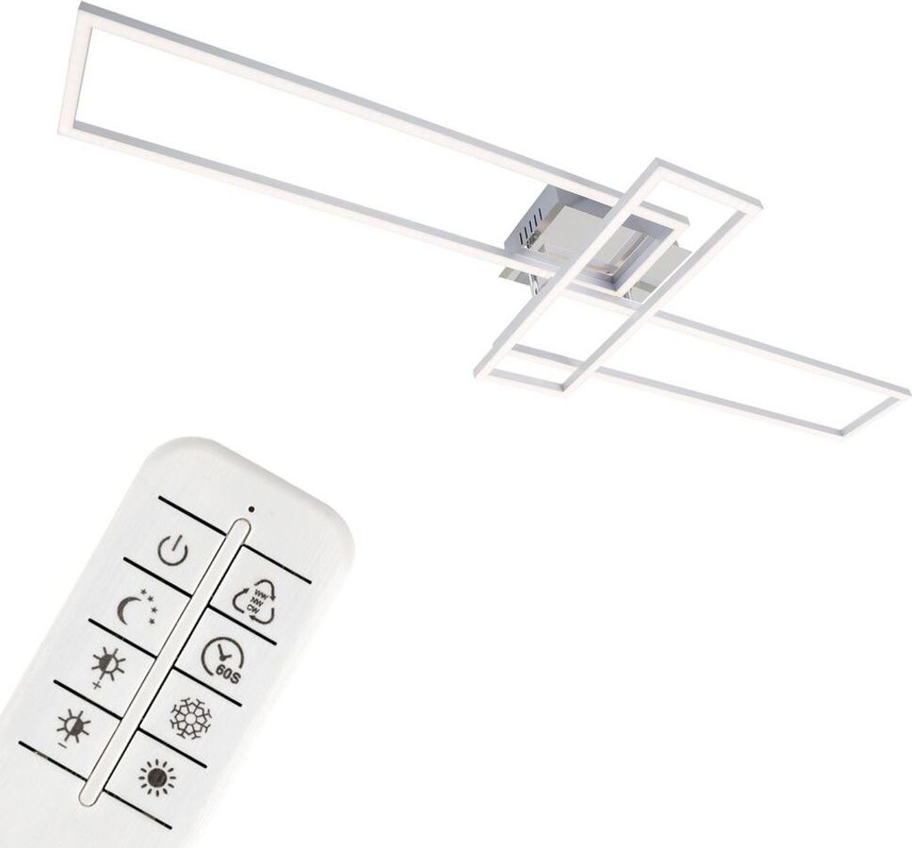 A modern LED ceiling light fixture and its remote control are shown against a white background.