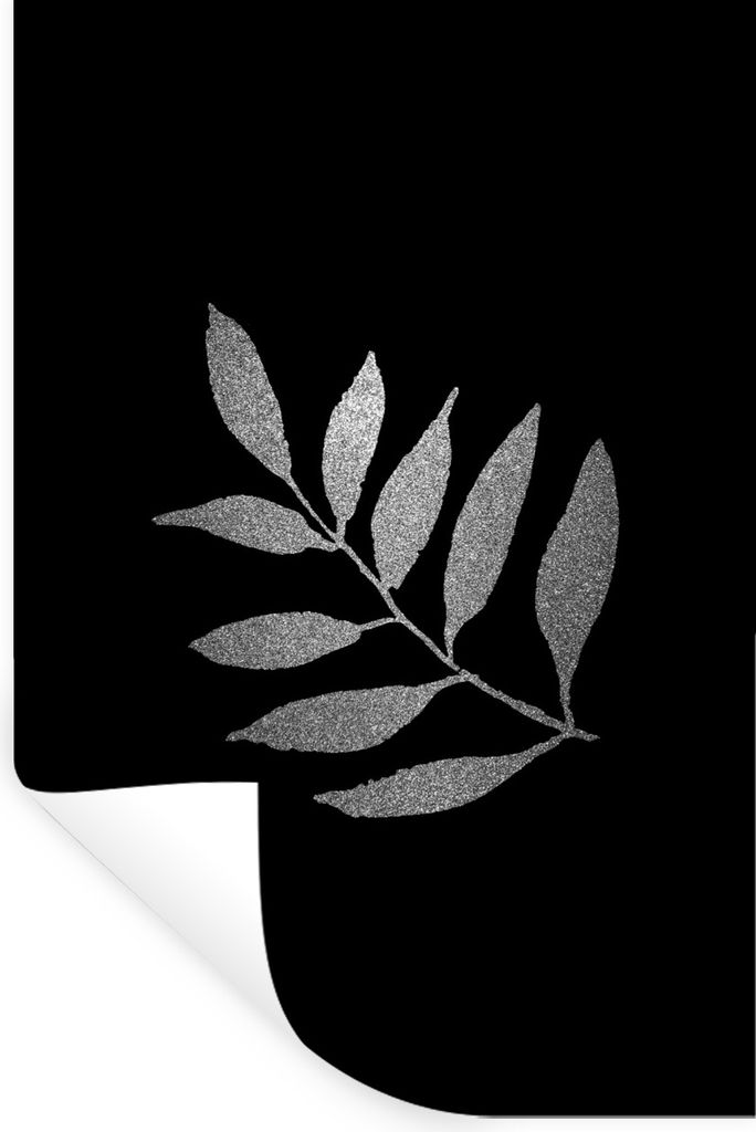 MuchoWow Wandtattoo Wandsticker Wandaufkleber Zweig mit dünnen länglichen Blättern auf schwarzem Hintergrund - schwarz und weiß 20x30 cm Selb...
