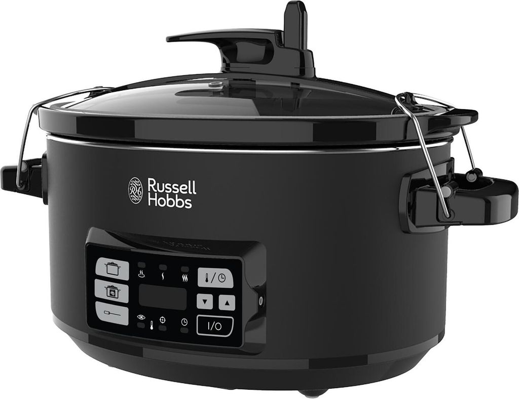 A black Russell Hobbs slow cooker is shown from a front-side angle against a white background.