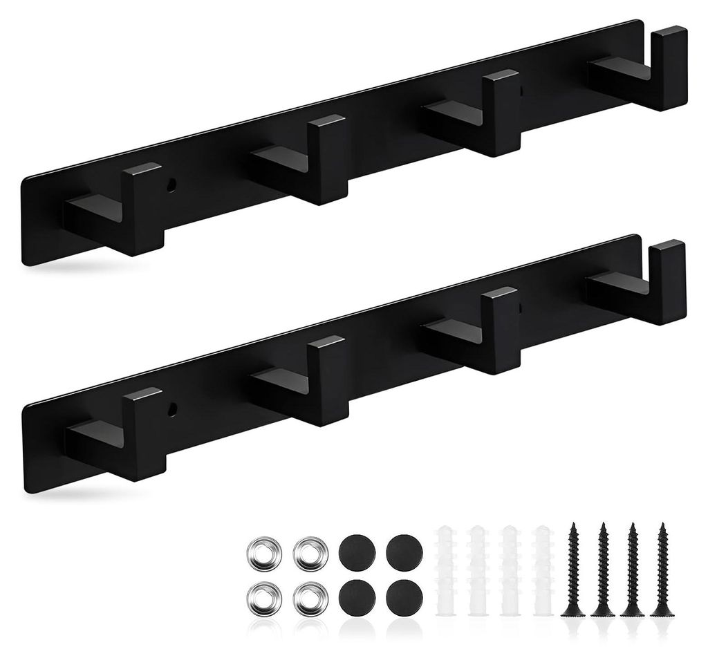 4 Haken, Kleiderhaken, 2 Stück, schwarze Garderobe, Wandgarderobe, Kleiderbügel, Hakenleiste für Schlafzimmer, Badezimmer, Küche, Wandgarderobe...