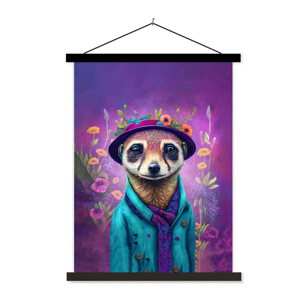 MuchoWow Textilposter Erdmännchen - Blumen - Farbe - Lila - Porträt - Erdmännchen 40x53 cm mit schwarzem Rahmen - Abbildung