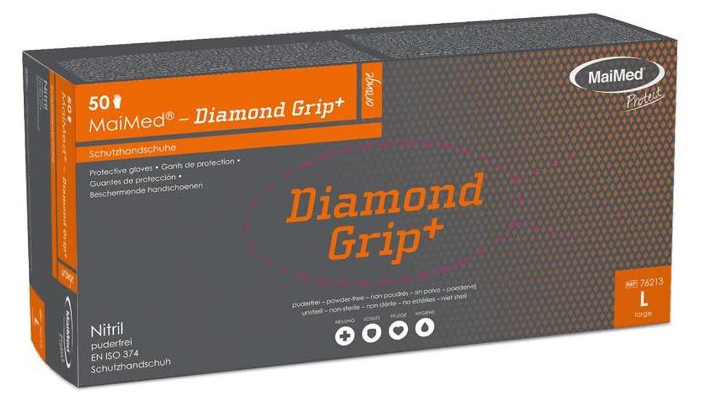 10x MaiMed-Diamond Grip+ orange Gr. L, unst., 50St/B | Box (50 Stück)