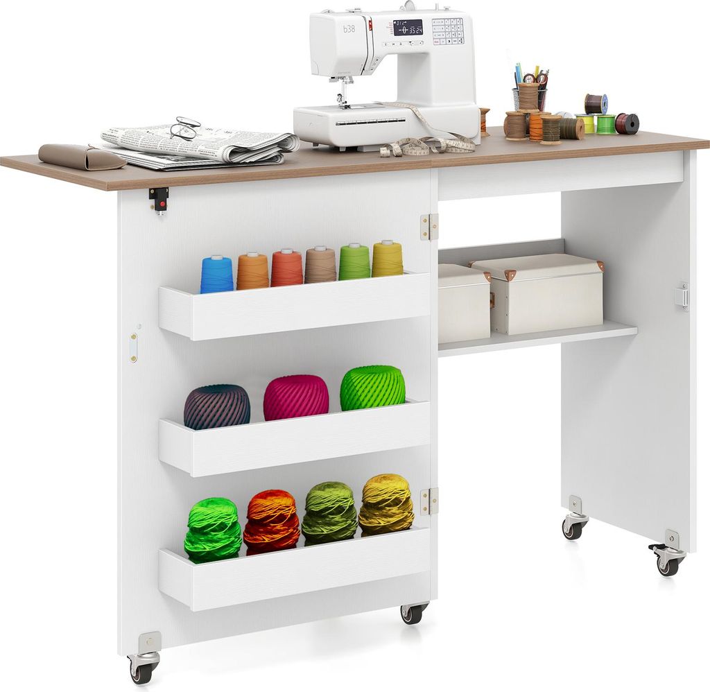 A sewing table with a sewing machine and various spools of thread on display.