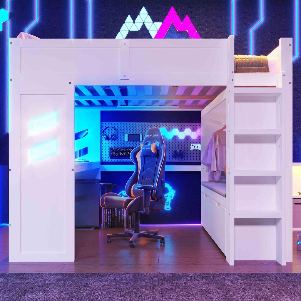 A loft bed with a desk and gaming chair setup, illuminated by neon lights.