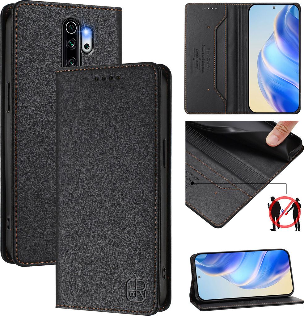 Lederhülle für Xiaomi Redmi Note 8 Pro Hülle Flip Brieftasche Kartenfächern Ständer Schutzhülle Schwarz
