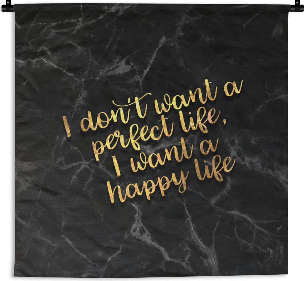 MuchoWow Wandteppich Wandbehang Zitate - Glücklich - Gold - Marmor 150x150 cm Tapisserie Dekoration Wandtuch - Wohnaccessoires - Modernes