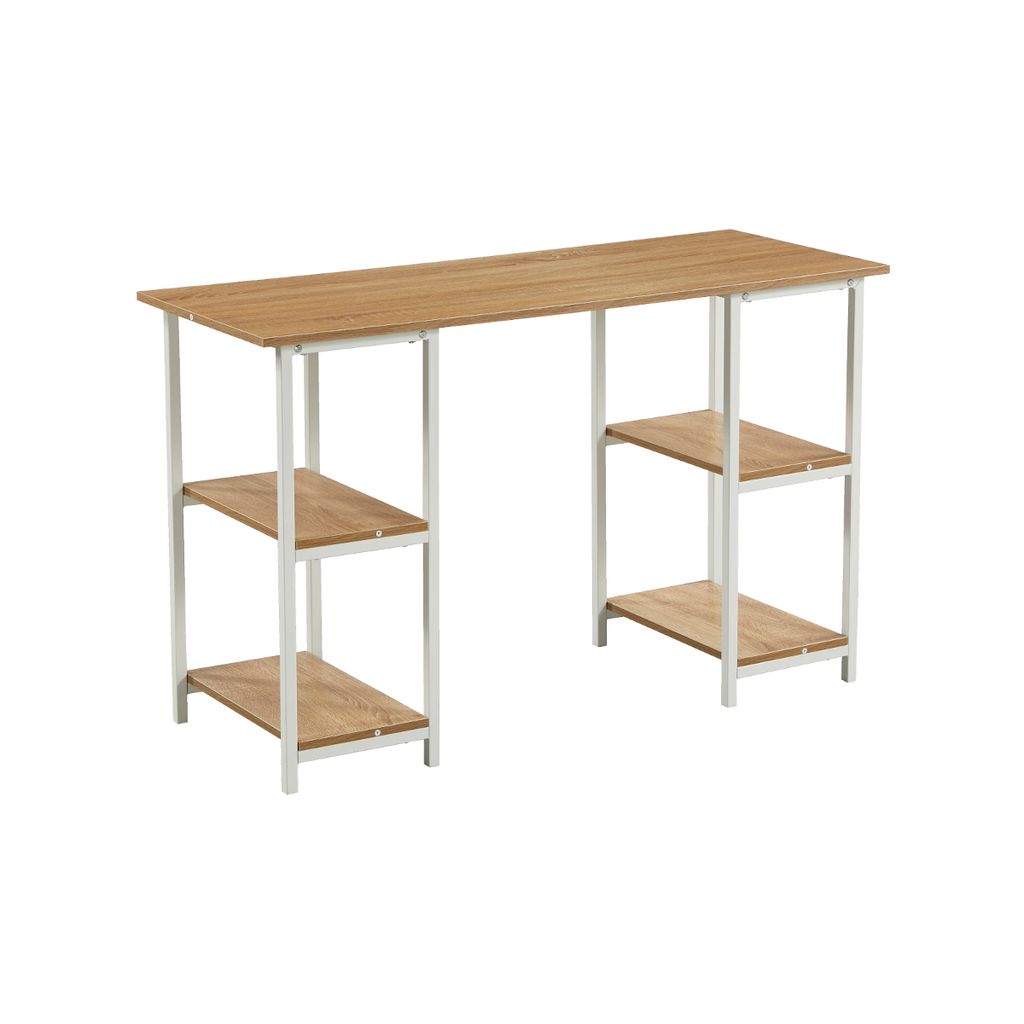 A studio shot of a desk with shelves.