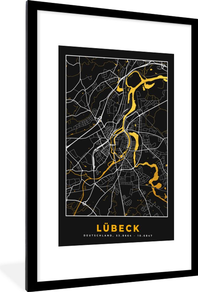 MuchoWow Gerahmtes Poster Lübeck - Karte - Gold - Stadtplan - Deutschland 60x90 cm - Poster mit Schwarzem Bilderrahmen Wandposter Rahmen Foto Bi...
