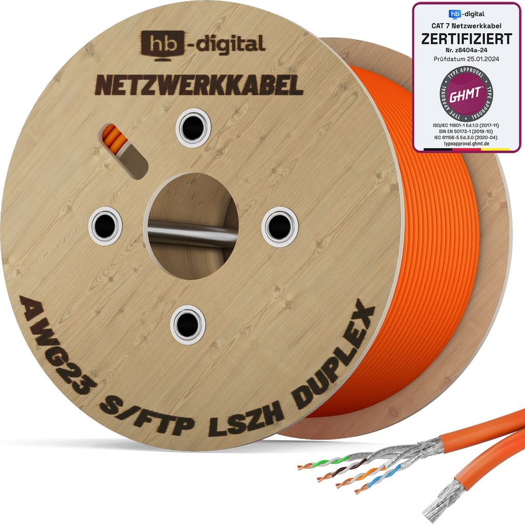 hb-digital Verlegekabel CAT 7 DUPLEX 500m Datenkabel Installationskabel S/FTP AWG23 LSZH orange