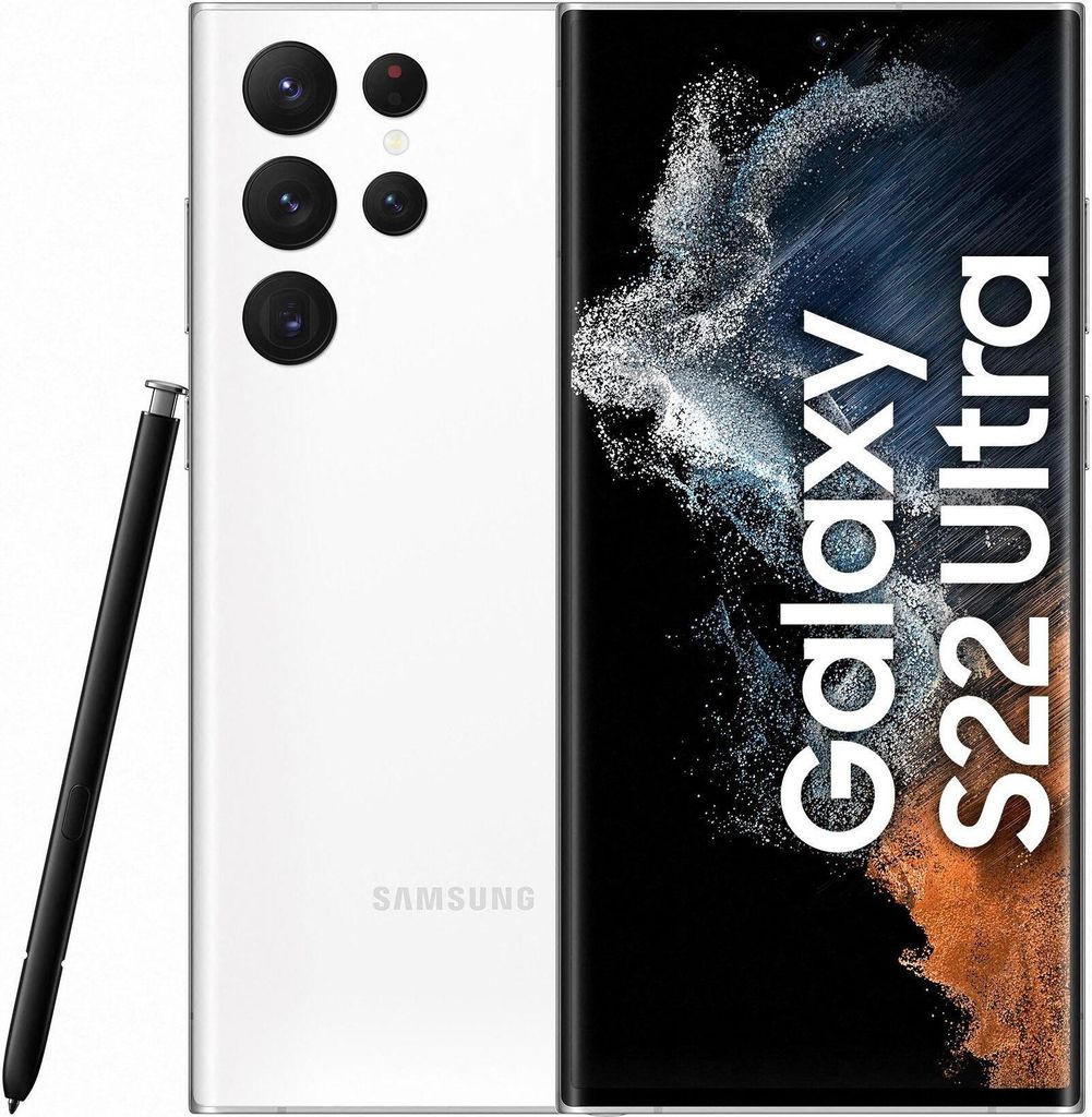 A white Samsung Galaxy S22 Ultra smartphone with a stylus is shown against a white background. The phone's screen displays marketing text.