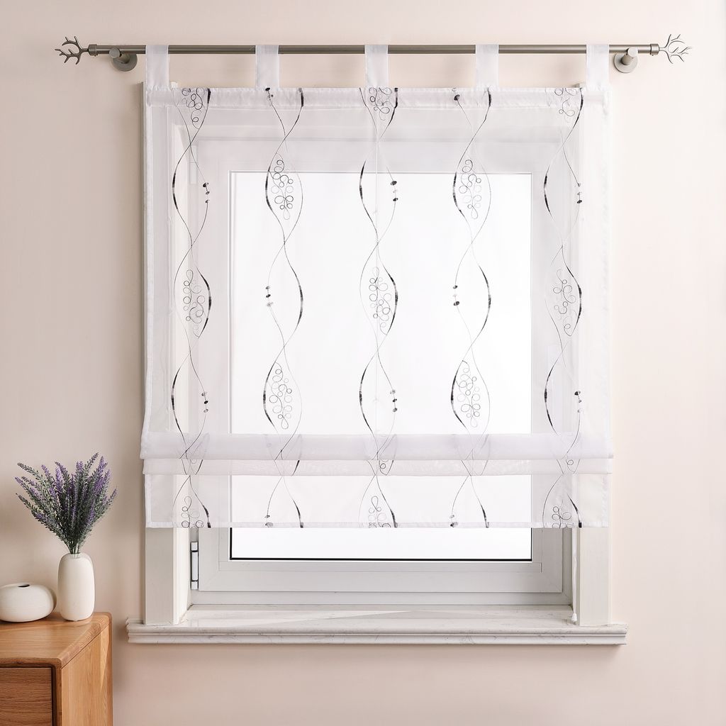 Joyswahl Raffrollo mit Schlaufen Küche Bestickt Raffgardine mit Stickerei transparent Grau BxH 100x140 cm