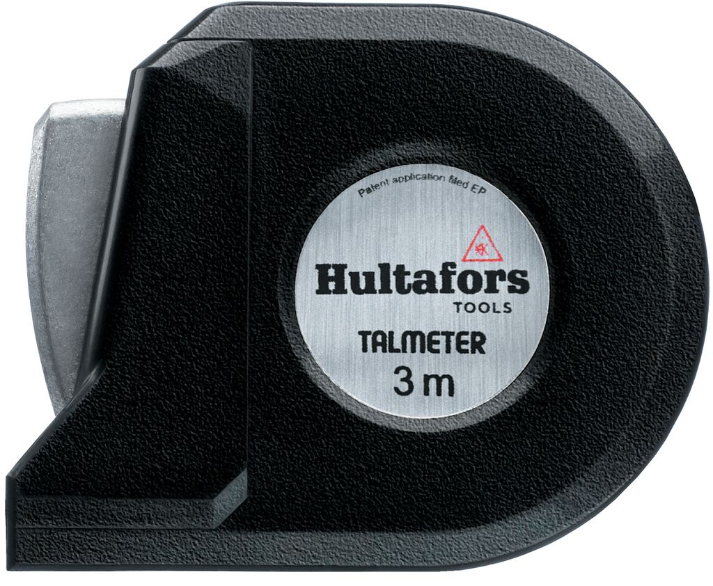 A close-up studio shot of a black Hultafors Talmeter tape measure.