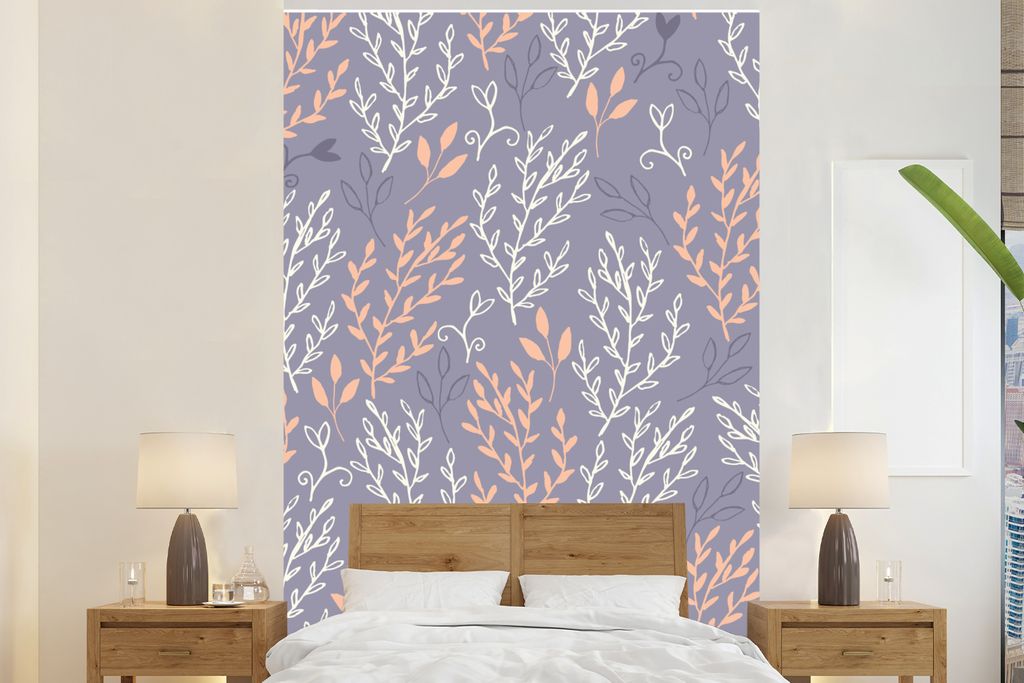 MuchoWow Fototapete für Wohnzimmer oder Schlafzimmer Wandtapete Vinyl Motivtapete Äste - Blätter - Muster - 160x240 cm - Vinyltapete