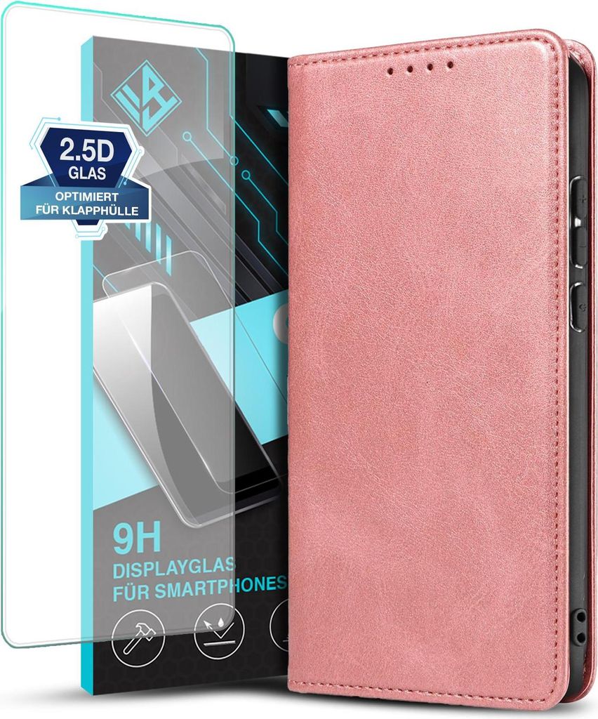 Handyhülle für Samsung Galaxy A17 / A17 5G mit 9H Displayglas Kunstleder Flip Cover Hülle Handytasche Case Kartenfach Farbe: Rosa