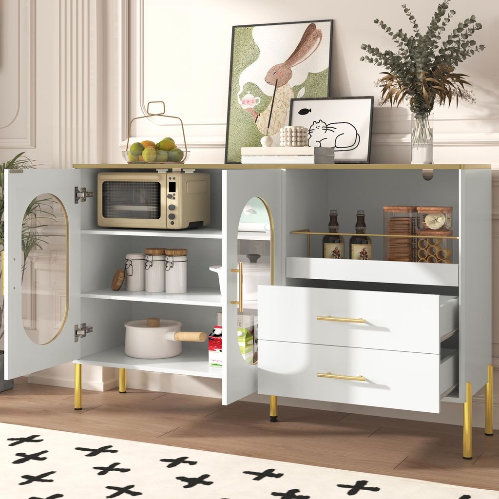 MODFU Sideboard Beistellschrank mit 2 Schubladen und 2 Glastüren,Buffetschrank mit viel Stauraum für Wohnzimmer,Esszimmer,Flur,Weiß