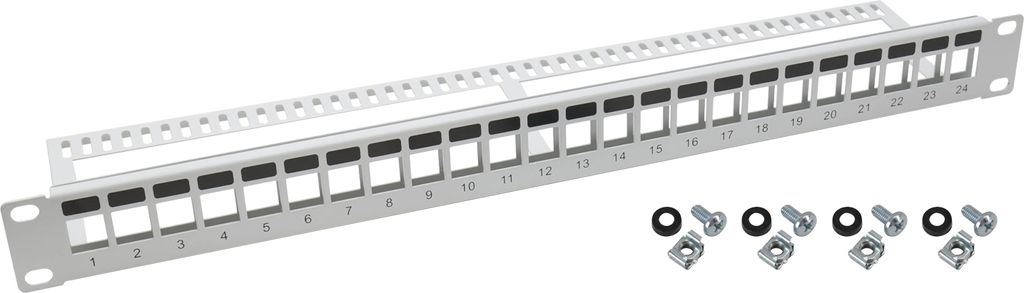 HMF 66445-07 UTP Keystone-Patchpanel für Serverschrank, 19 Zoll, 24 Ports RJ45, Lichtgrau