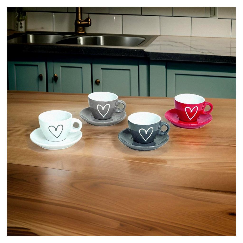 4er Set Espressotassen mit Herz und Unterteller Ø 6,5 cm aus Keramik mehrfarbig