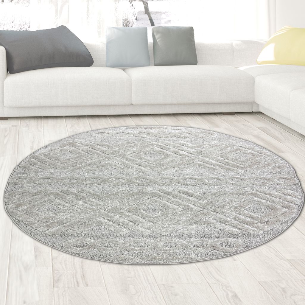 Hochflor Wohnzimmerteppich Boho Style mit Rautenmuster und Kreisen in Beige Größe - 160 cm Rund