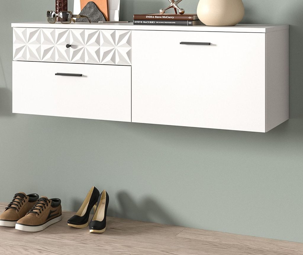 Schuhschrank "Relief" in weiß Hochglanz mit 3-D Struktur Flurkommode hängend 110 cm