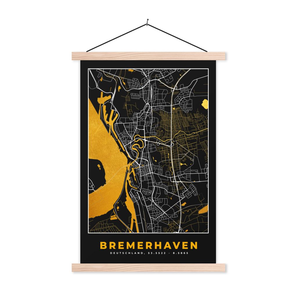 MuchoWow Textilposter Bremerhaven - Gold - Stadtplan - Karte - Deutschland 120x180 cm mit holzfarbenen Rahmen - Textil-Plakat