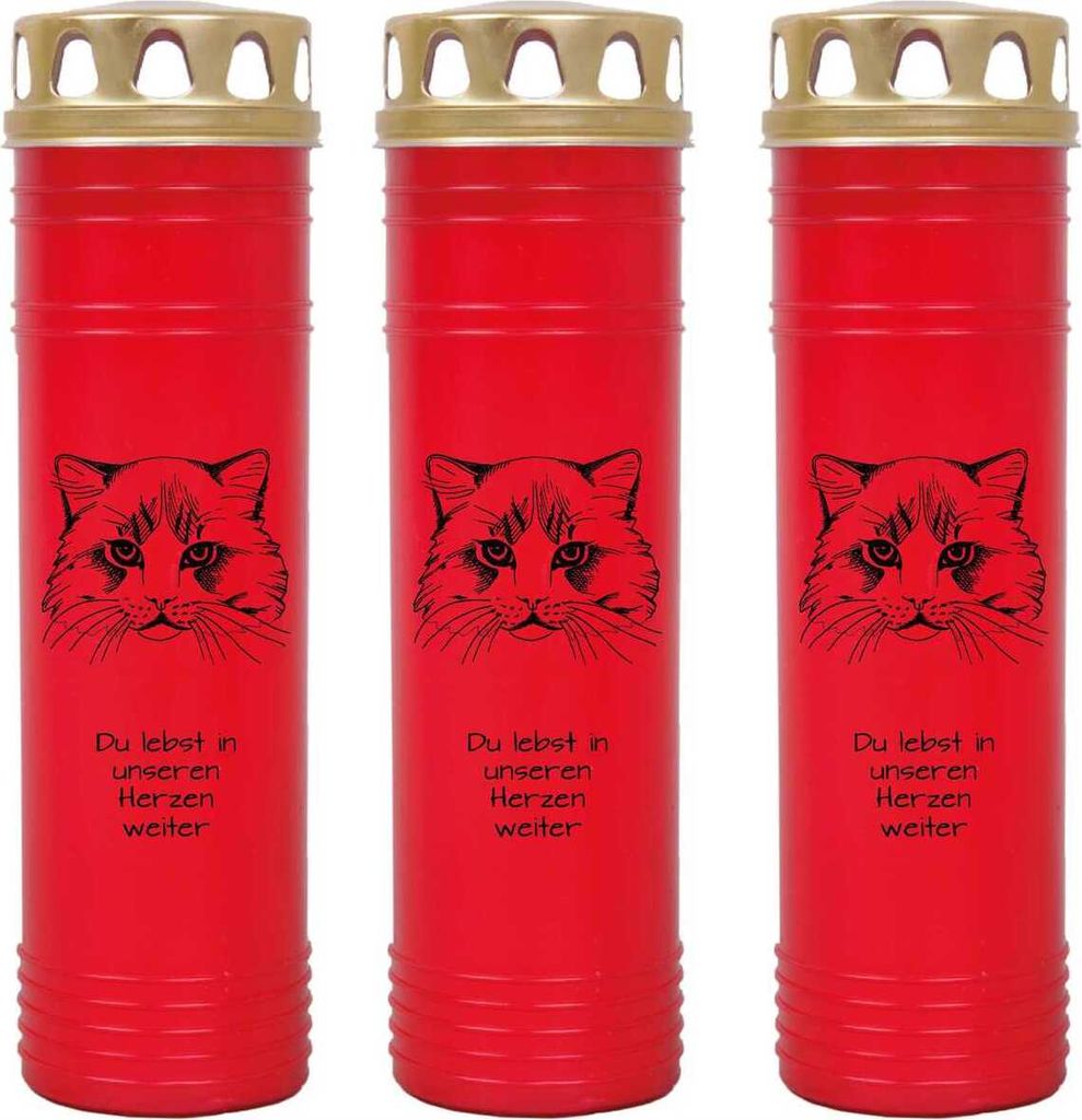 Grabkerze Rot 3er Pack, Brenndauer: 170 Stunden ( je Kerze ), Motiv: Katze 2