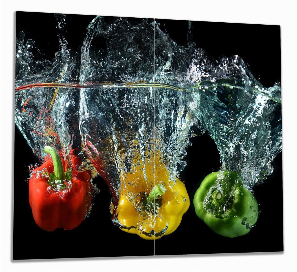 Wallario Herdabdeckplatte aus Glas, Größe 60 x 52 cm 2-teilig, Motiv Paprika-Mix - frische Paprika in rot, gelb und grün im Wasser