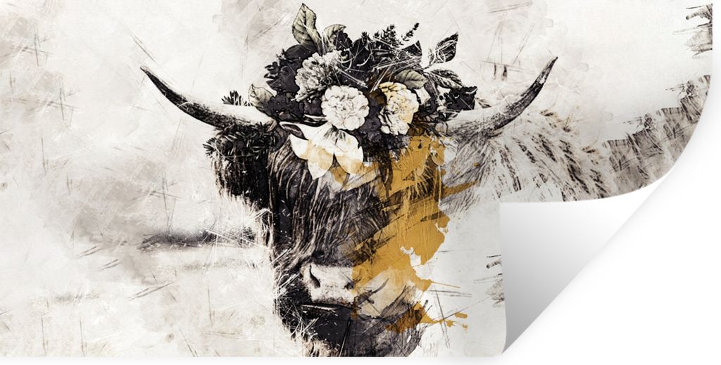 MuchoWow Wandtattoo Wandsticker Wandaufkleber Schottischer Highlander - Blumen - Gold 80x40 cm Selbstklebend und Repositionierbar - Aufkleber