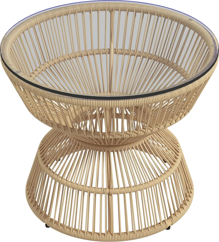 Table d'appoint pour salon et terrasse, rotin naturel et verre trempé