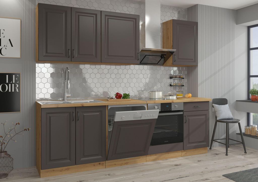 Küche Stilo Grau + Eiche Artisan 250 cm Küchenzeile Produktbild 