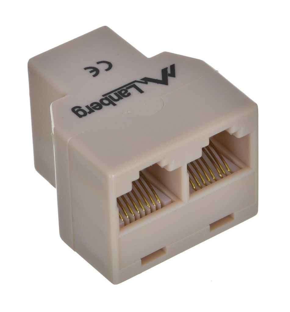 A beige network adapter with two RJ45 ports.