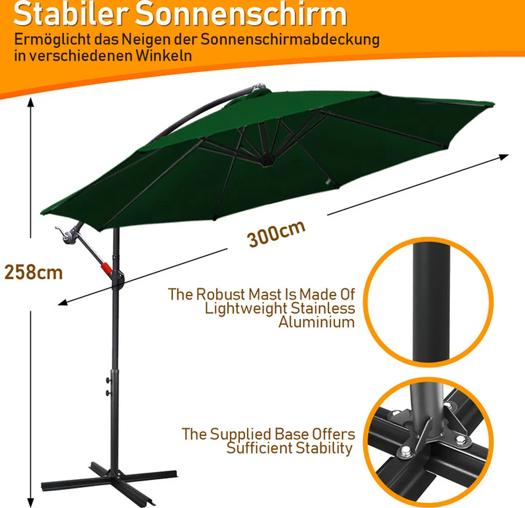 EINFEBEN Ombrellone a Sbalzo 3m Verde UV40+ per Giardino e Patio