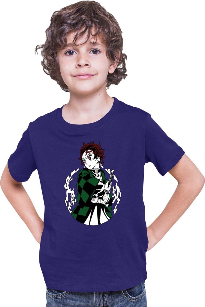 Kinder T-Shirt Demon Anime Slayer Kimetsu No Yaiba Tanjiro Kamado 013, 7-8 Jahr - 128 / Dunkelblau