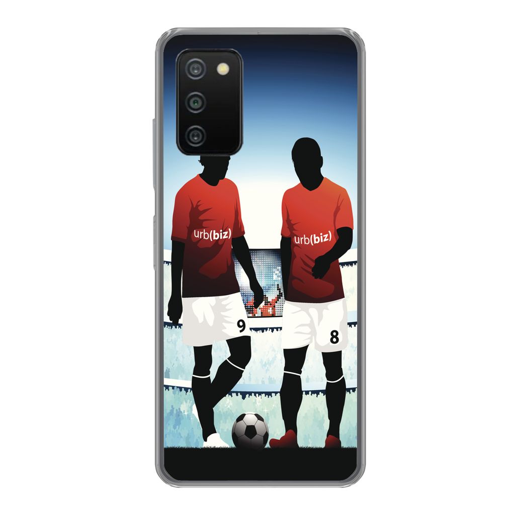 MuchoWow Handyhülle Schutzhülle Hülle für Samsung Galaxy A03s Eine Illustration von zwei Fußballspielern in einem Stadion - Jungen - Mädche...