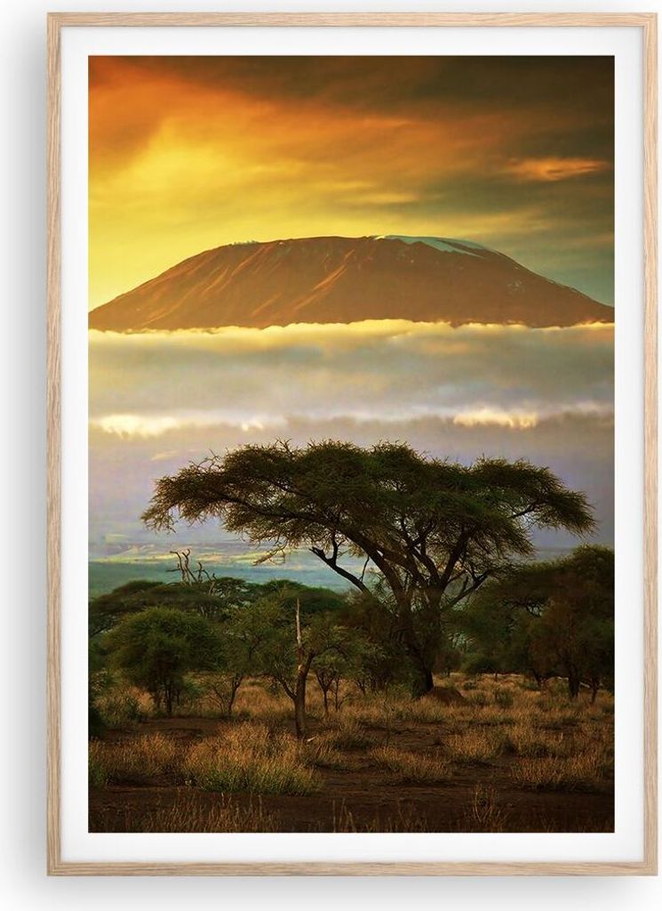 Gerahmtes Poster - Rahmen in heller Eiche - Safari Tierwelt Berg Kenia - 70x100 cm - Wand Bild - Wanddeko - Wandbilder - Wandposter - Bilderrahmen ...