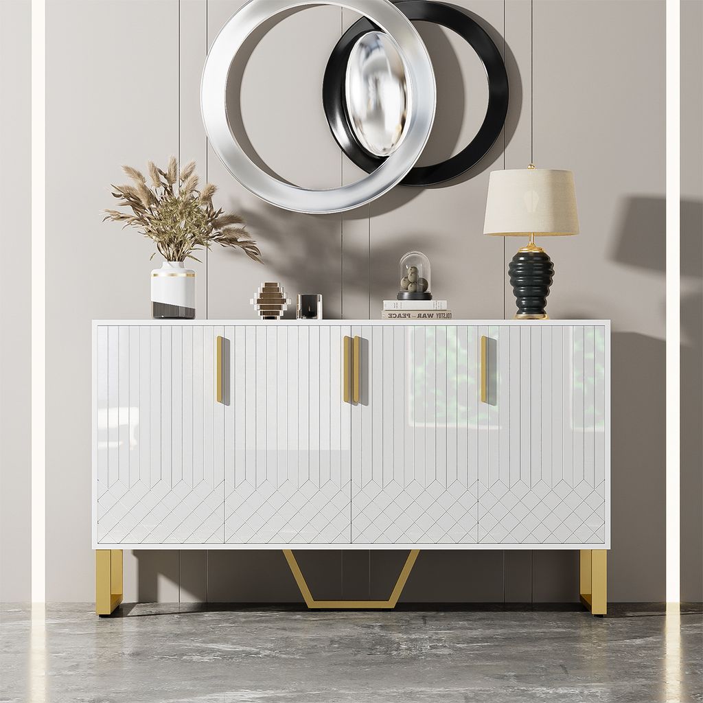 Sideboard mit 4 Türen Metallgriffe und Beine Geometrisches Design in Weiß Kommode Mehrzweckschrank 140L*40B*80H