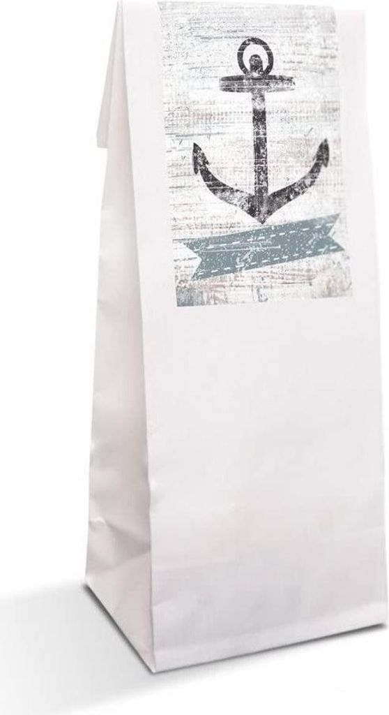 Weiße Blockbodenbeutel mit Folieneinlage 7 x 4 x 20,5 cm – mit Banderolen „Danke“ & „Schön, dass du da bist“Anker / 10 Stück